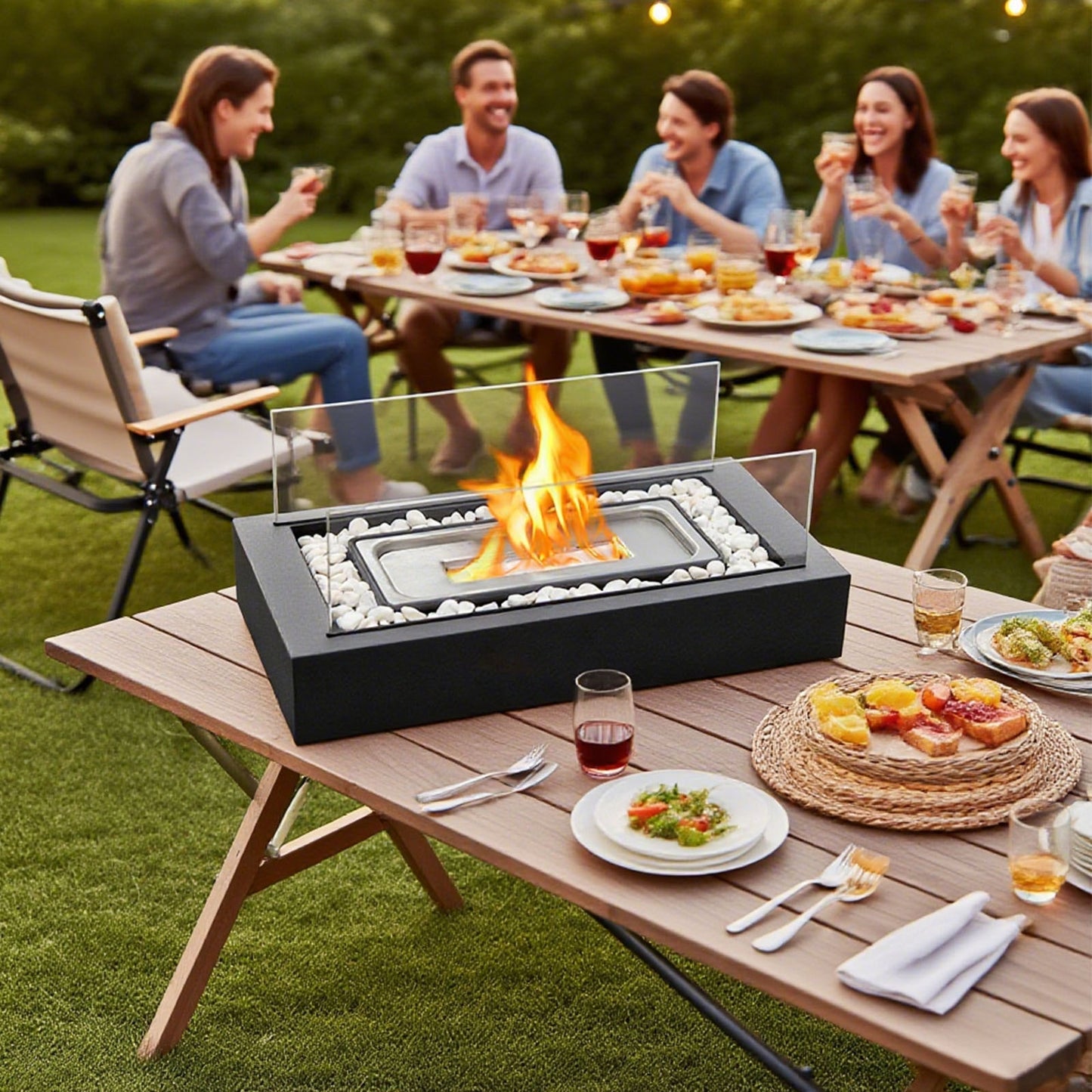 Tabletop Fire Pit with White Decorative Stones and 4 Extendable Roasting Sticks