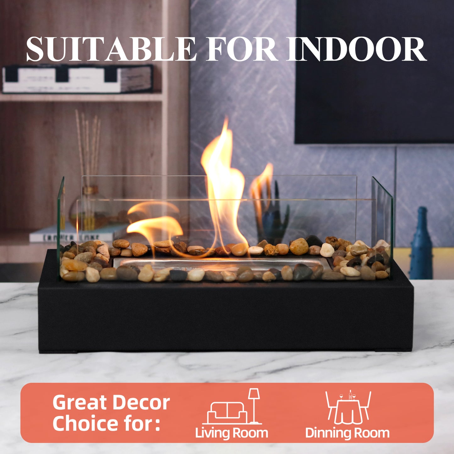 KORNIFUL Tabletop Fire Pit 4-Glass windshields with decorated pebble stones
