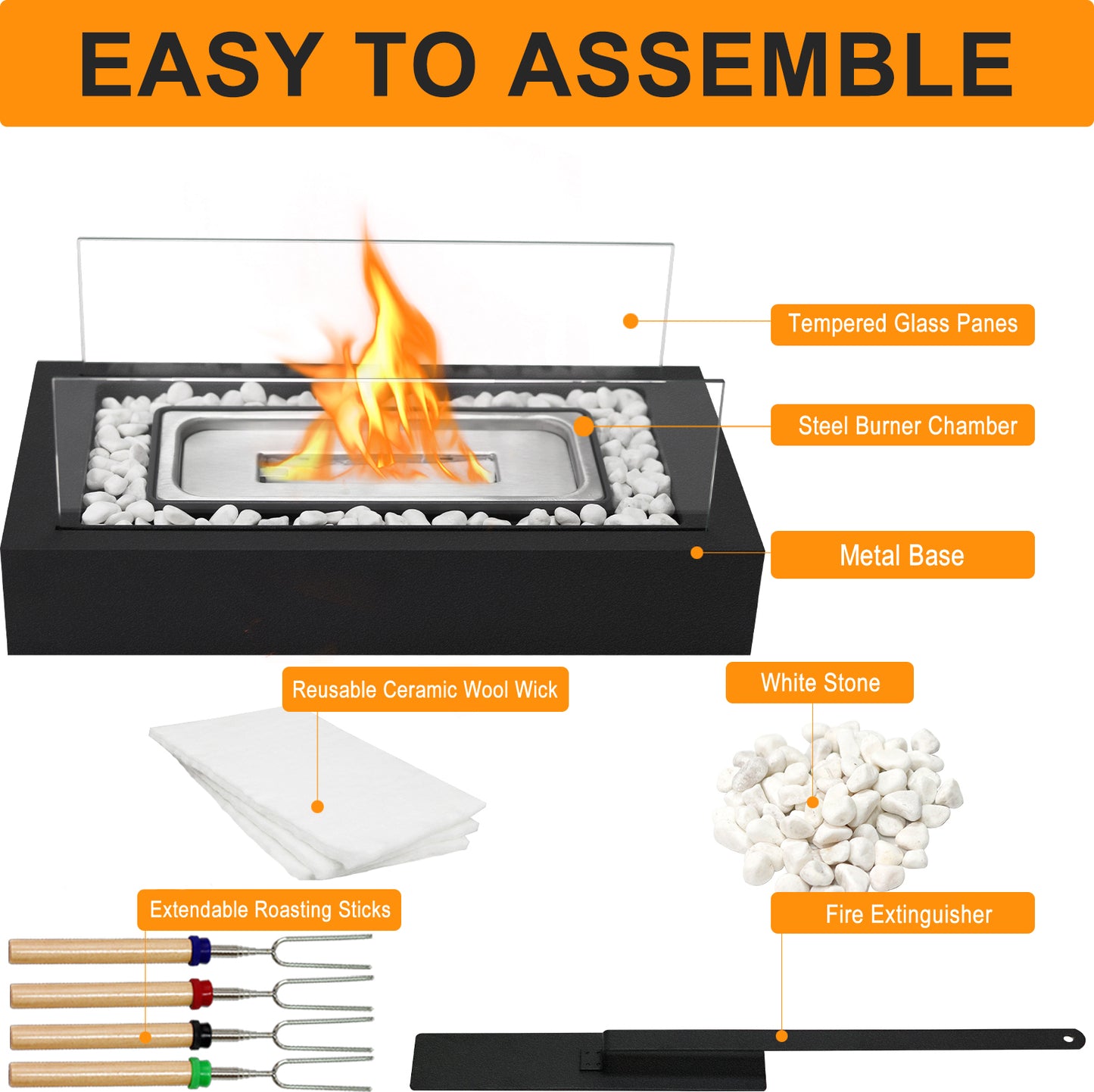 Tabletop Fire Pit with White Decorative Stones and 4 Extendable Roasting Sticks