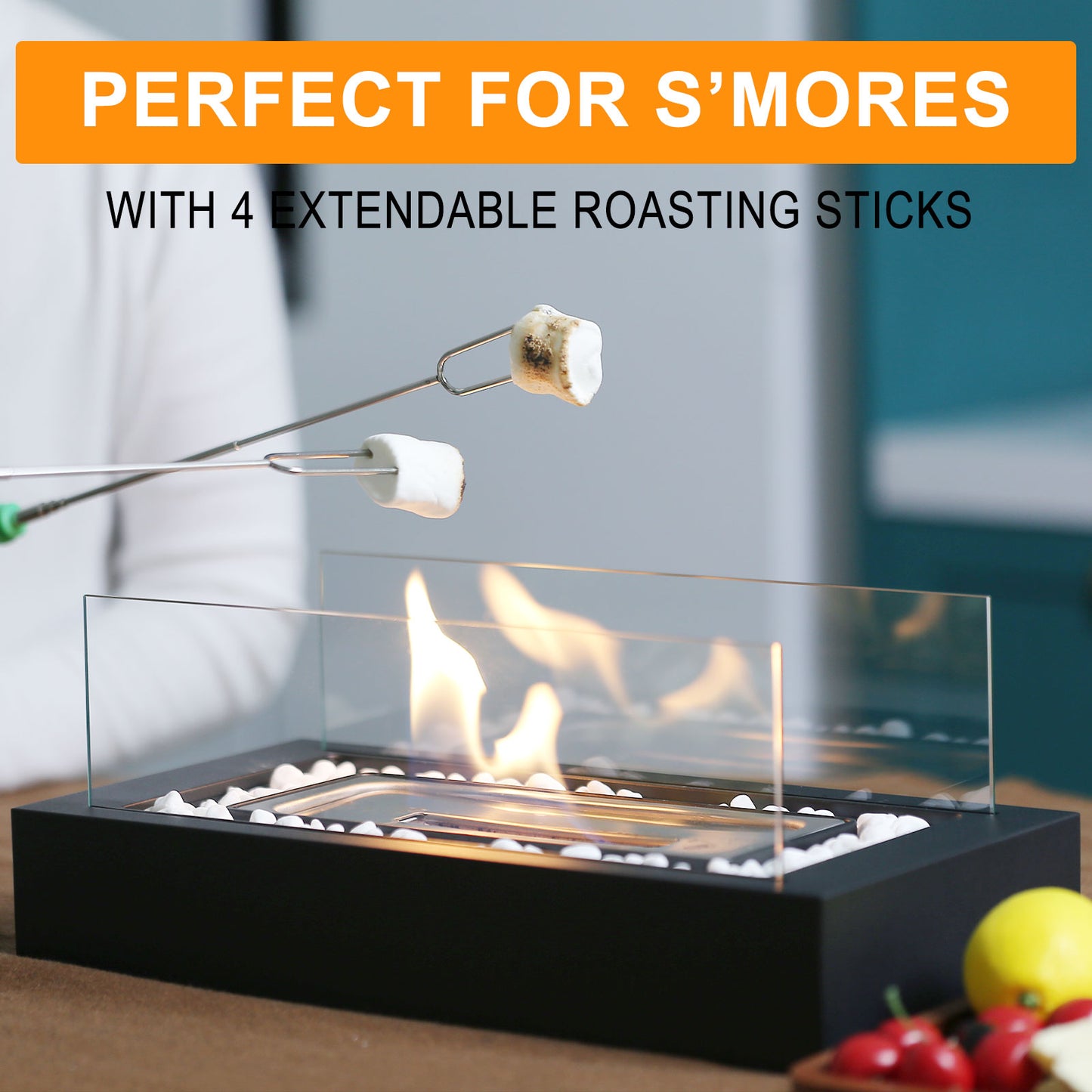 Tabletop Fire Pit with White Decorative Stones and 4 Extendable Roasting Sticks