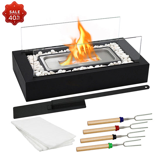 Tabletop Fire Pit with White Decorative Stones and 4 Extendable Roasting Sticks