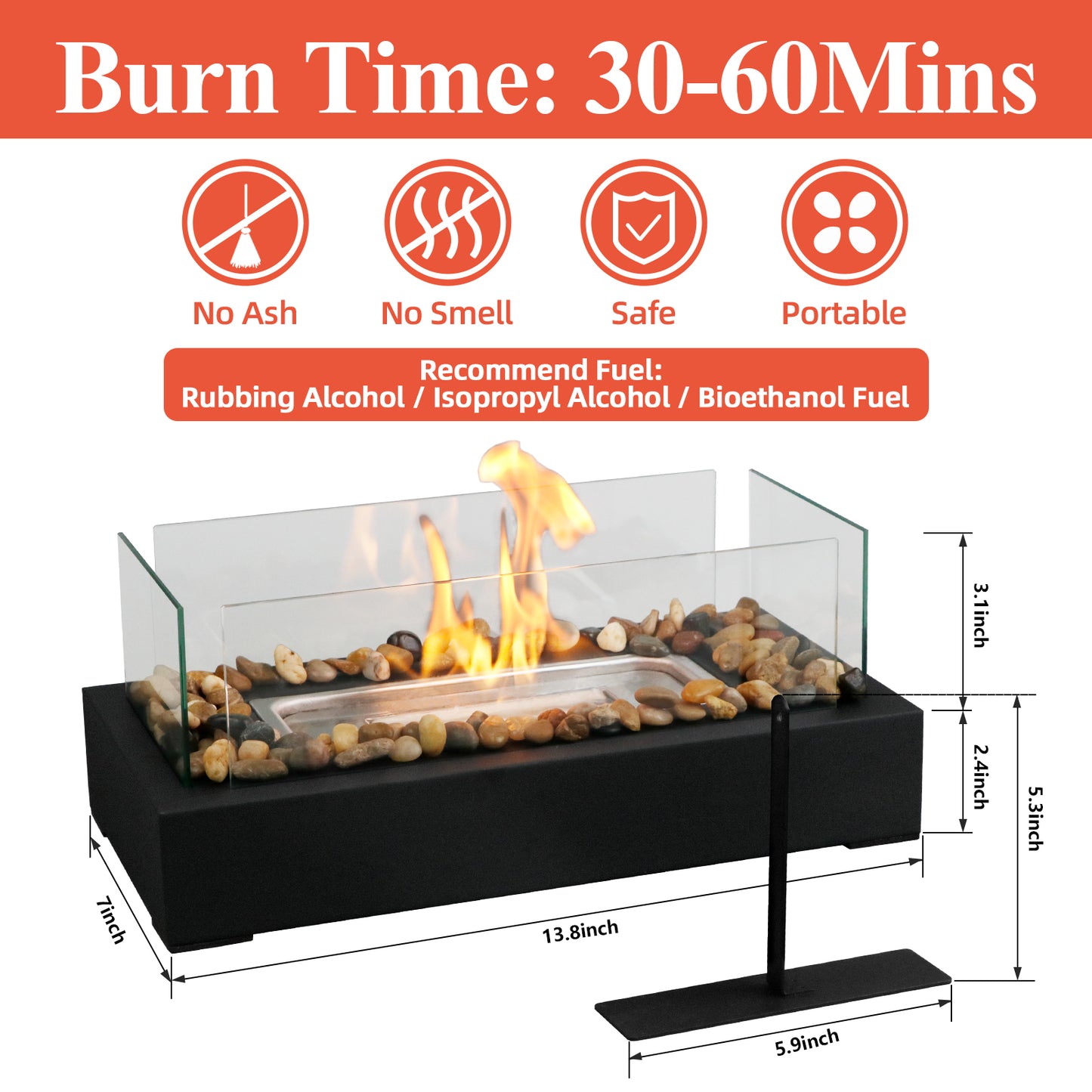 KORNIFUL Tabletop Fire Pit 4-Glass windshields with decorated pebble stones