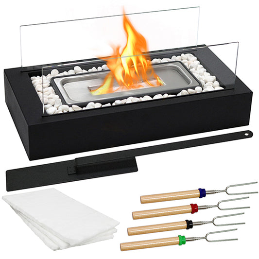 Tabletop Fire Pit with White Decorative Stones and 4 Extendable Roasting Sticks