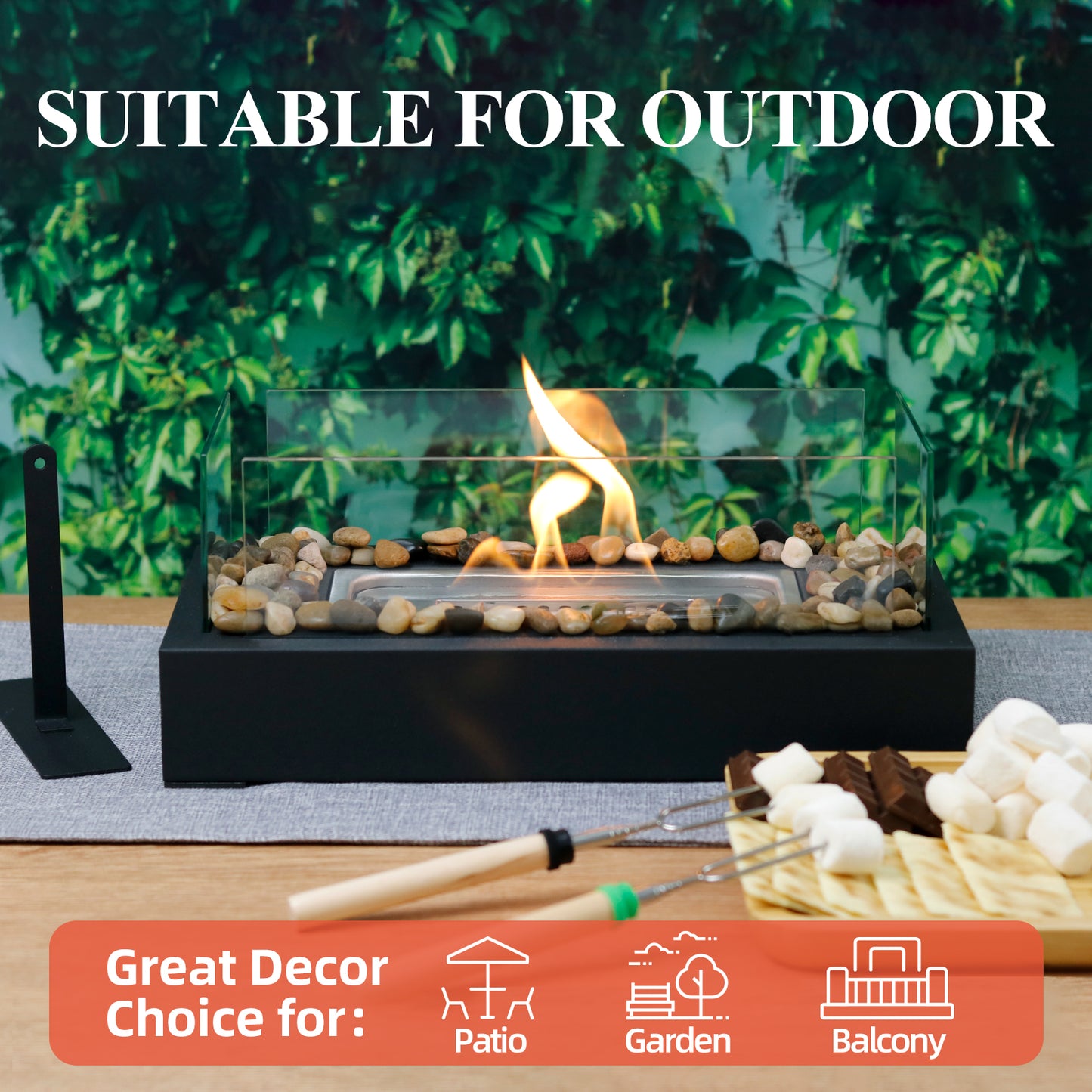 KORNIFUL Tabletop Fire Pit 4-Glass windshields with decorated pebble stones