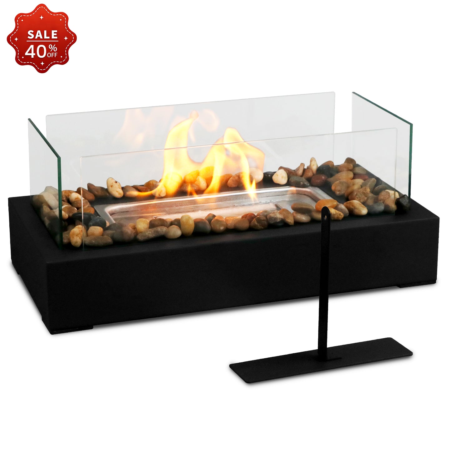 KORNIFUL Tabletop Fire Pit 4-Glass windshields with decorated pebble stones